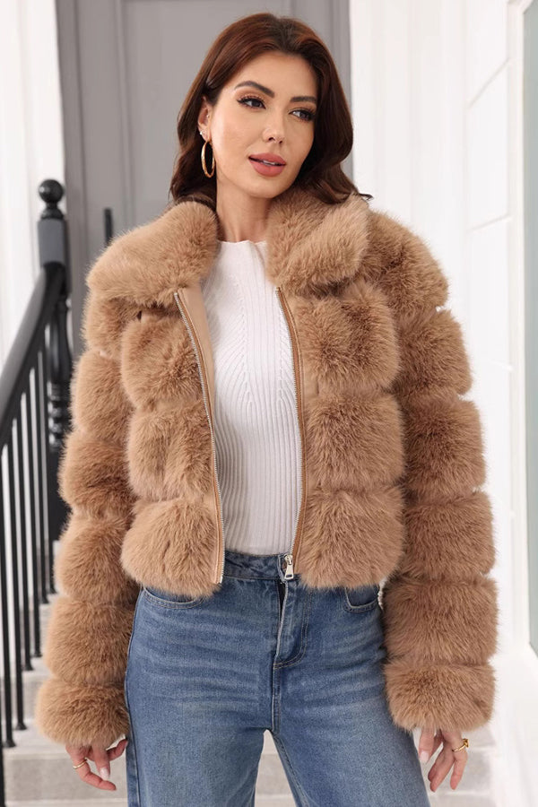 Cropped Faux Fur Coat Women's Zip Up Winter Bubble Jacket