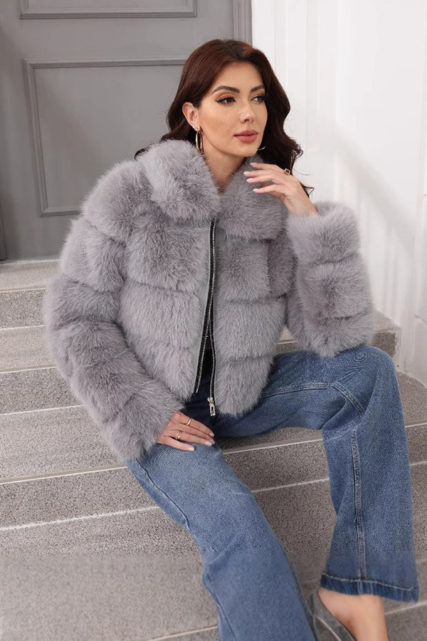 Cropped Faux Fur Coat Women's Zip Up Winter Bubble Jacket