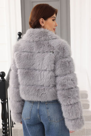 cropped faux fur coat womens zip up winter bubble jacket in gray 2 Alicefurs