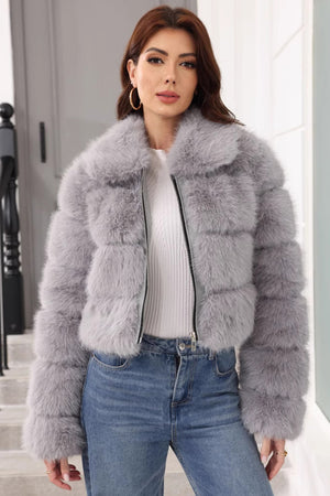 cropped faux fur coat womens zip up winter bubble jacket in gray Alicefurs