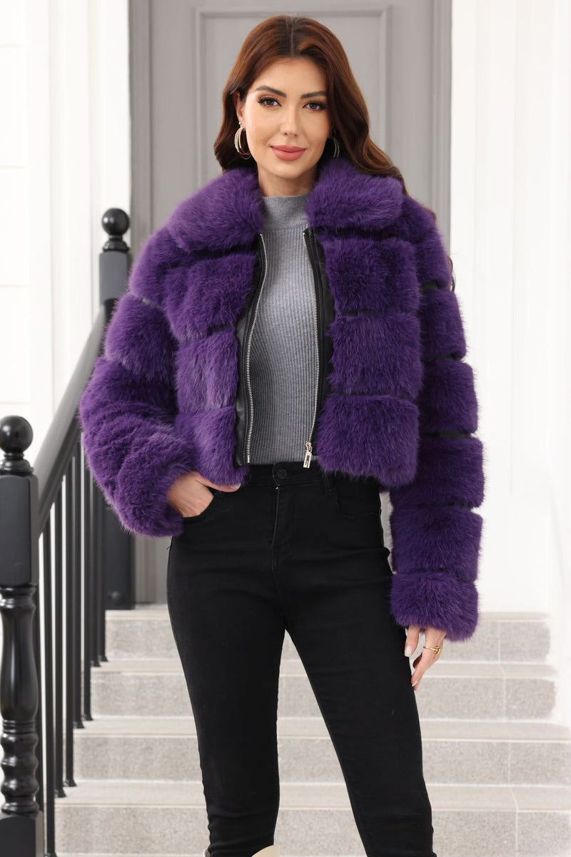 Cropped Faux Fur Coat Women's Zip Up Winter Bubble Jacket