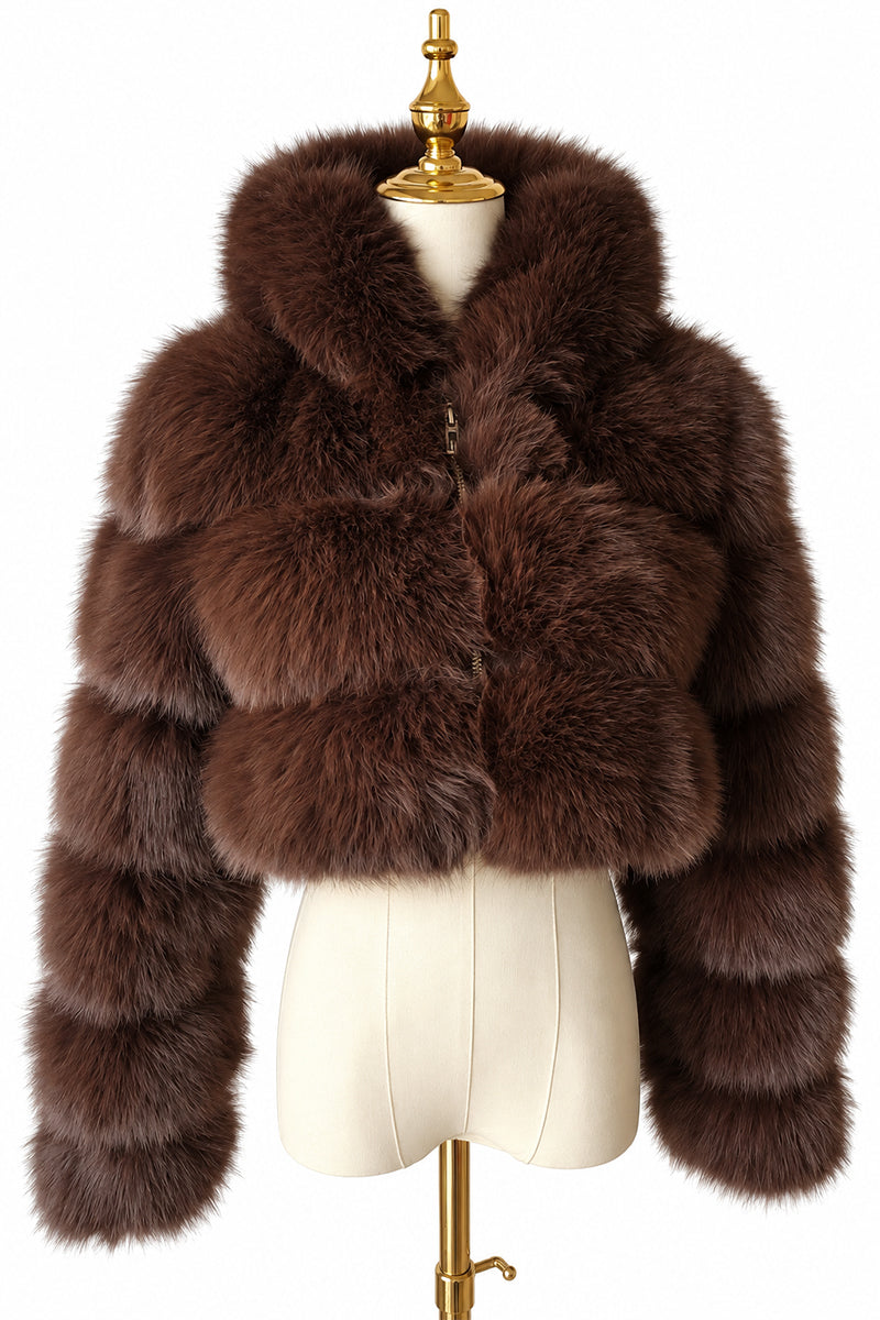 Veste en fourrure moelleuse à fermeture éclair courte avec capuche pour femme