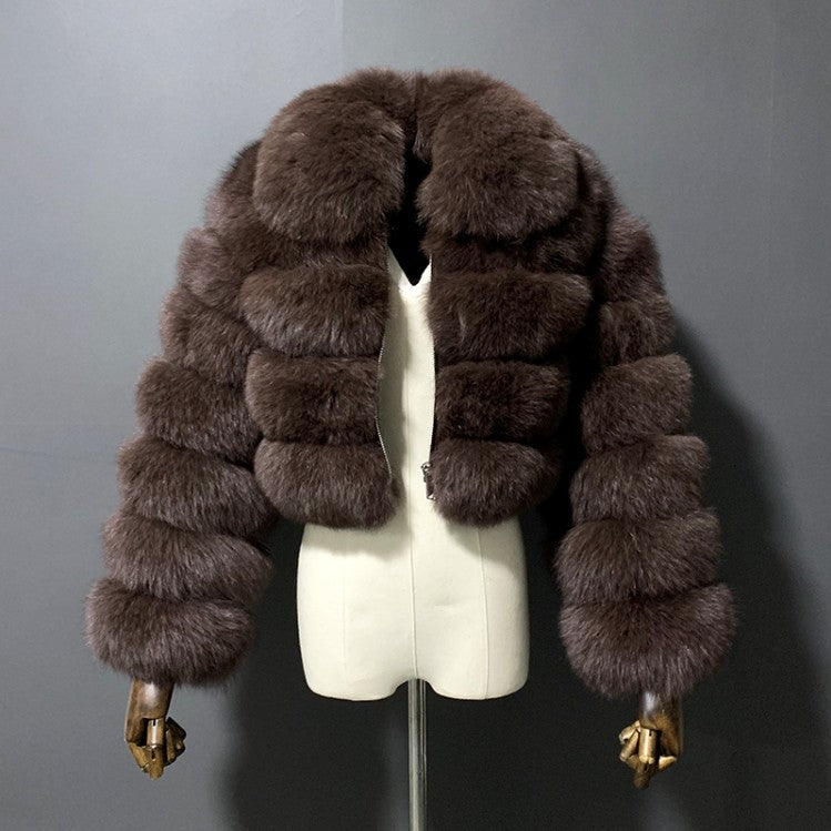 Cropped Faux Fur Jacket Fluffy Zip Up Bubble Outerwear for Women
