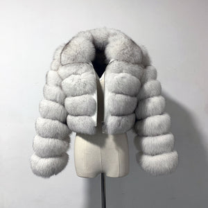 cropped faux fur jacket fluffy zip up bubble outerwear for women in dusty white Alicefurs