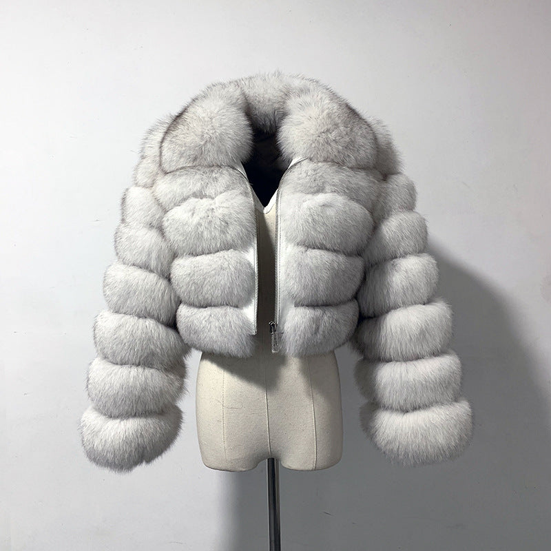 Cropped Faux Fur Jacket Fluffy Zip Up Bubble Outerwear for Women