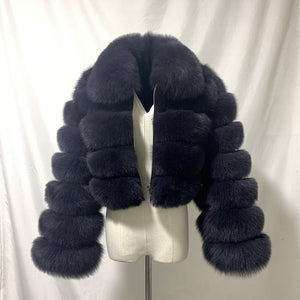 cropped faux fur jacket fluffy zip up bubble outerwear for women in navy blue Alicefurs