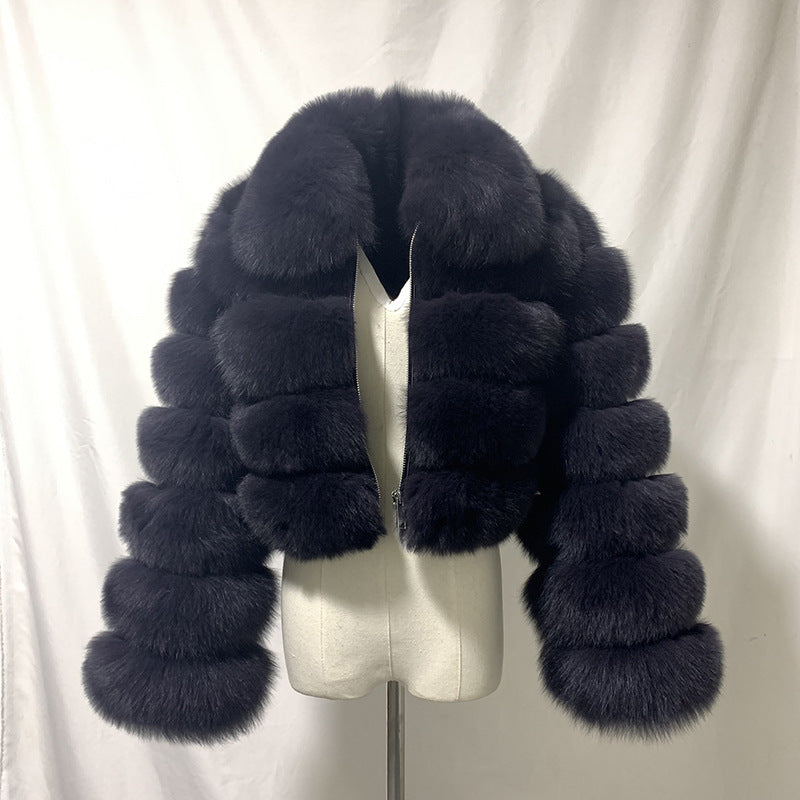 Cropped Faux Fur Jacket Fluffy Zip Up Bubble Outerwear for Women