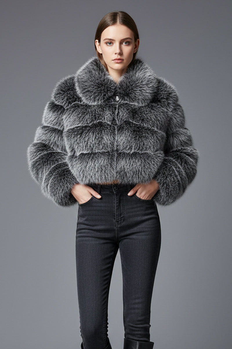 Cropped Faux Fur Jacket Fluffy Zip Up Bubble Outerwear for Women