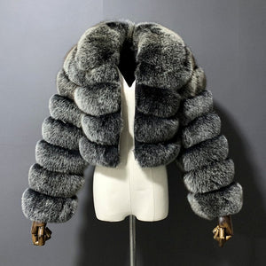 cropped faux fur jacket fluffy zip up bubble outerwear for women in silver grey Alicefurs