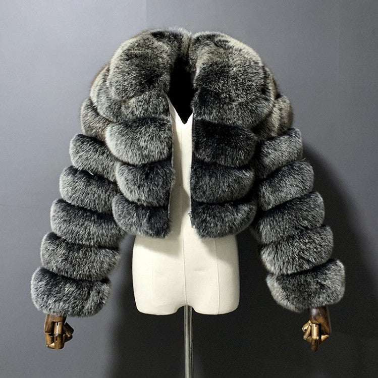 Cropped Faux Fur Jacket Fluffy Zip Up Bubble Outerwear for Women