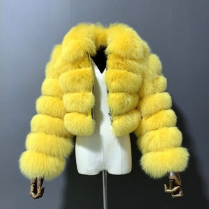 cropped faux fur jacket fluffy zip up bubble outerwear for women in yellow Alicefurs