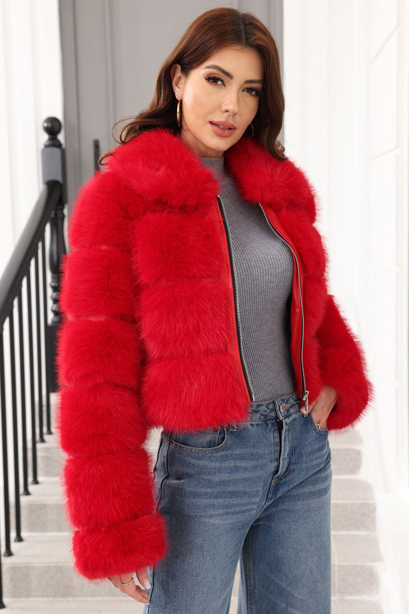 Cropped Faux Fur Jacket Red Zip Up Fluffy Coat for Women