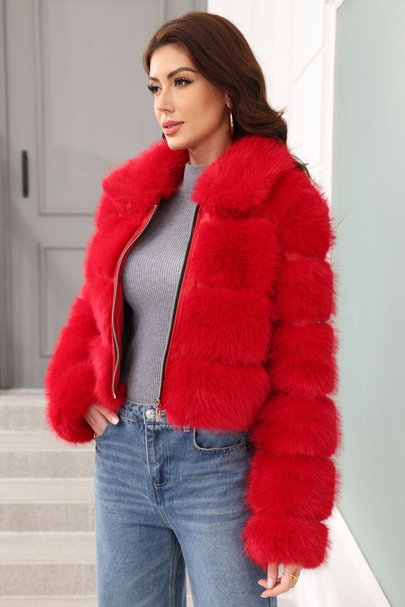 Cropped Faux Fur Jacket Red Zip Up Fluffy Coat for Women