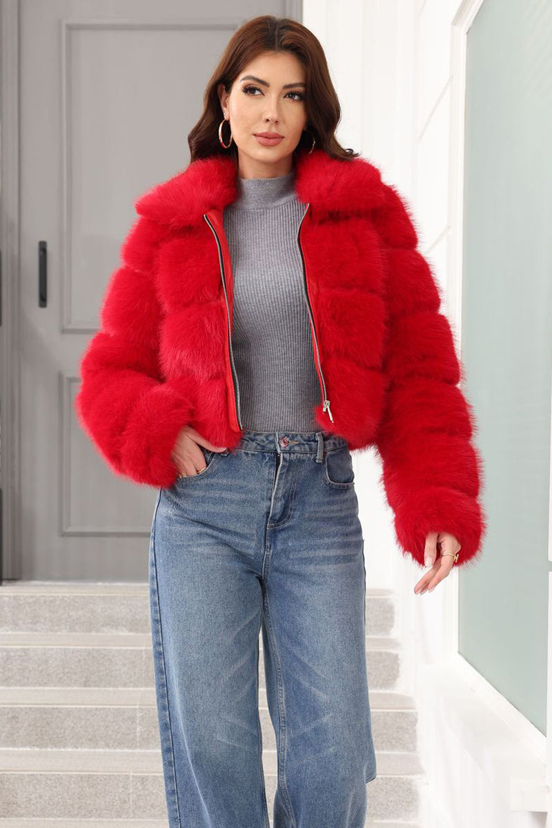 Cropped Faux Fur Jacket Red Zip Up Fluffy Coat for Women