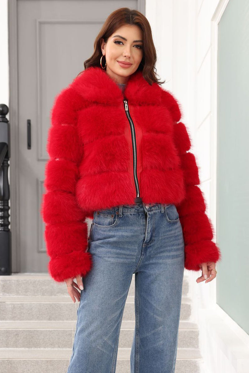 Cropped Faux Fur Jacket Red Zip Up Fluffy Coat for Women