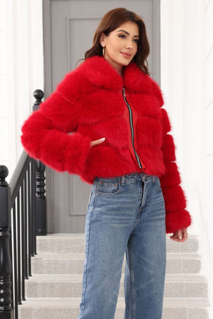 cropped faux fur jacket red zip up fluffy coat for women 5 Alicefurs