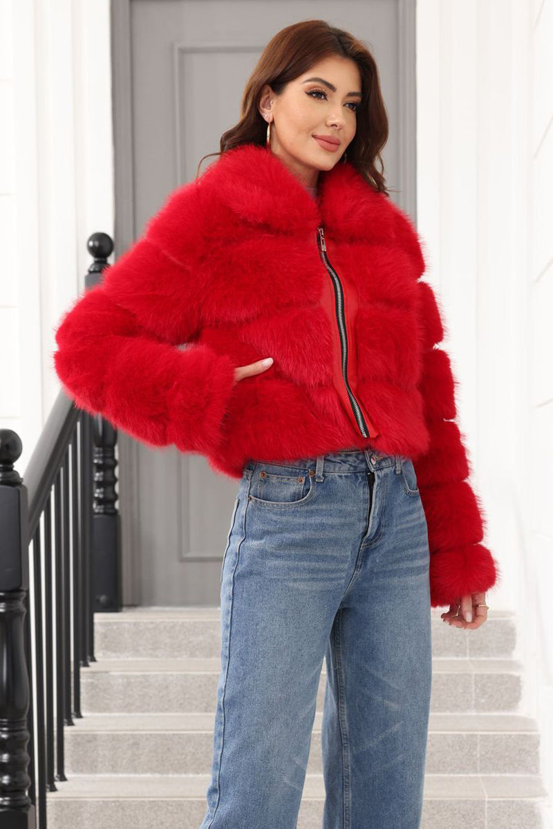 Cropped Faux Fur Jacket Red Zip Up Fluffy Coat for Women