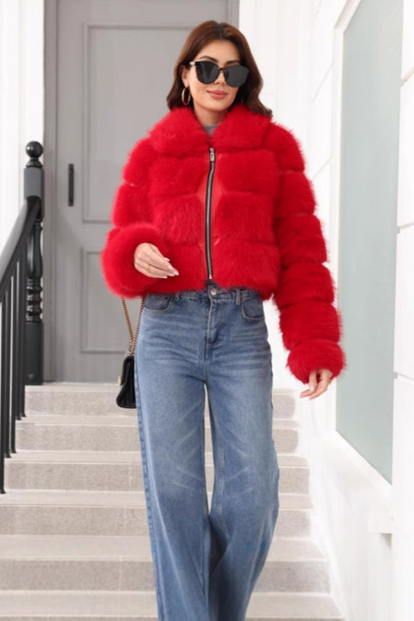 Cropped Faux Fur Jacket Red Zip Up Fluffy Coat for Women