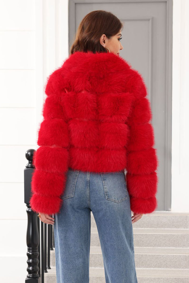 Cropped Faux Fur Jacket Red Zip Up Fluffy Coat for Women