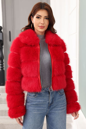 cropped faux fur jacket red zip up fluffy coat for women Alicefurs