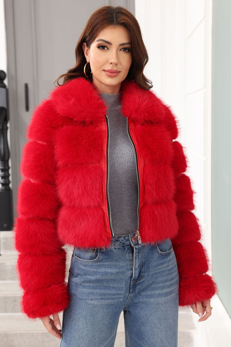 Cropped Faux Fur Jacket Red Zip Up Fluffy Coat for Women