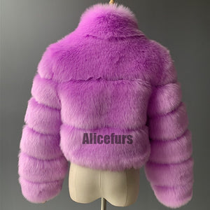 cropped faux fur jacket winter fluffy short outerwear for women in lilac 2 Alicefurs