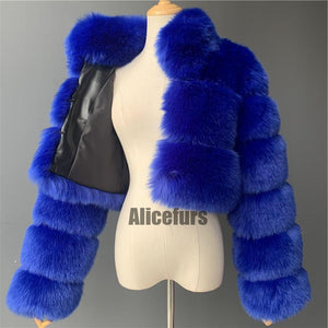 cropped faux fur jacket winter fluffy short outerwear for women in royal blue 1 Alicefurs