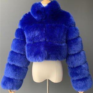 cropped faux fur jacket winter fluffy short outerwear for women in royal blue Alicefurs