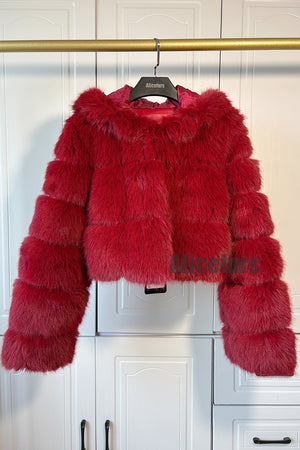 cropped faux fur jacket with hood winter furry coat for women in burgundy 1 Alicefurs