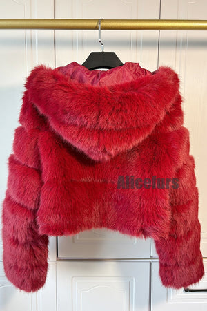 cropped faux fur jacket with hood winter furry coat for women in burgundy 3 Alicefurs