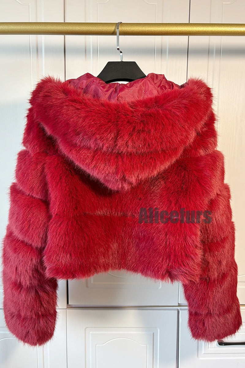 cropped faux fur jacket with hood winter furry coat for women in burgundy 3 Alicefurs