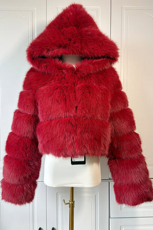 cropped faux fur jacket with hood winter furry coat for women in burgundy 4 Alicefurs