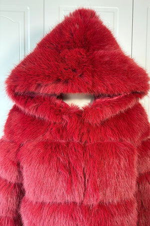 cropped faux fur jacket with hood winter furry coat for women in burgundy 5 Alicefurs