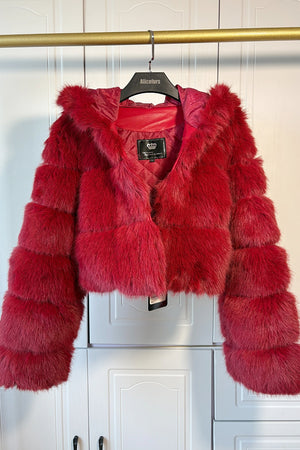 cropped faux fur jacket with hood winter furry coat for women in burgundy Alicefurs