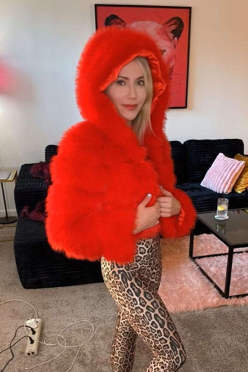 Cropped Faux Fur Jacket with Hood Winter Furry Coat for Women