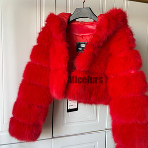 cropped faux fur jacket with hood winter furry coat for women in red 3 Alicefurs