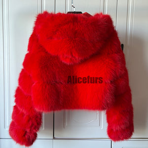 cropped faux fur jacket with hood winter furry coat for women in red 4 Alicefurs