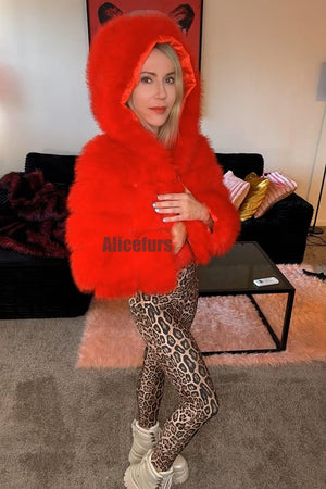 cropped faux fur jacket with hood winter furry coat for women in red 7 Alicefurs