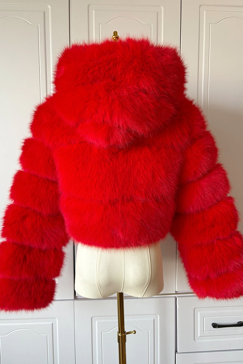 Cropped Faux Fur Jacket with Hood Winter Furry Coat for Women