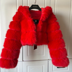 cropped faux fur jacket with hood winter furry coat for women in red Alicefurs