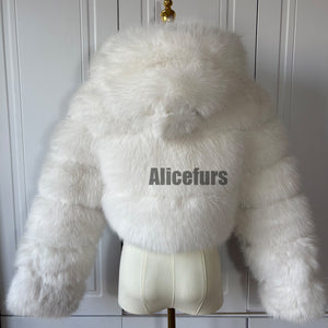cropped faux fur jacket with hood winter furry coat for women in white 2 Alicefurs