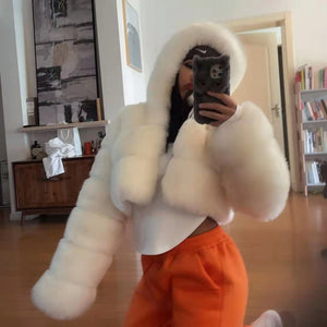 cropped faux fur jacket with hood winter furry coat for women in white 3 Alicefurs