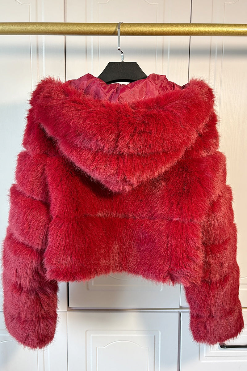 Cropped Faux Fur Jacket with Hood for Women