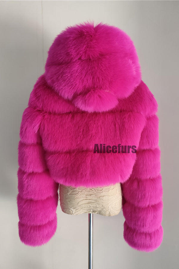 Cropped Faux Fur Jacket with Hood for Women Alicefurs