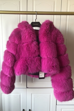 cropped faux fur jackets with hood for women in fuchsia 2 Alicefurs
