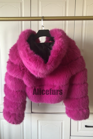 cropped faux fur jackets with hood for women in fuchsia 3 Alicefurs