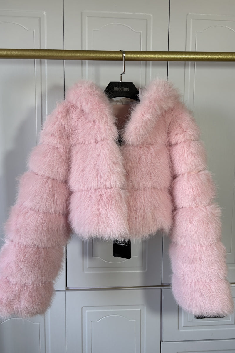 Chaqueta corta de piel sintética con capucha para mujer