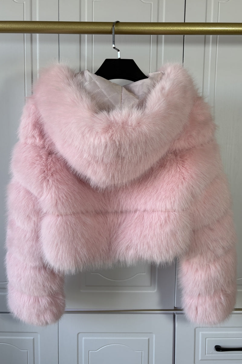 Chaqueta corta de piel sintética con capucha para mujer
