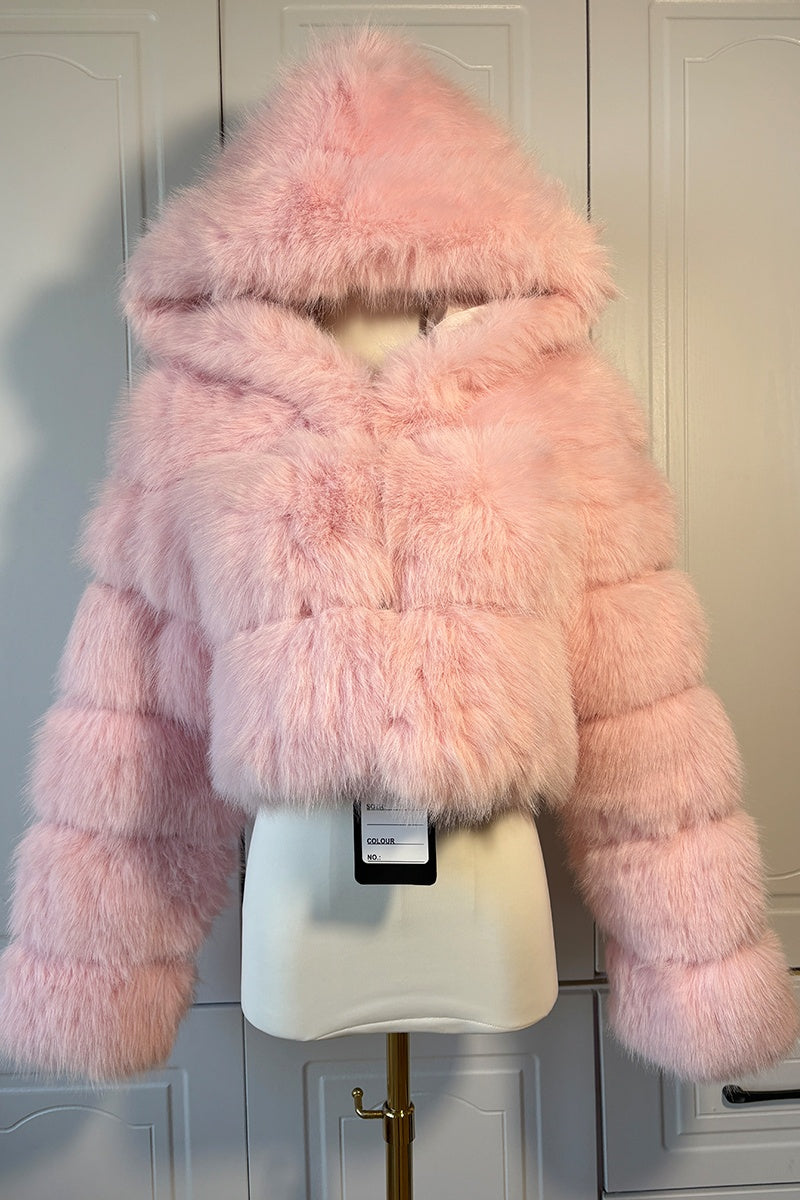 Cropped Faux Fur Jacket with Hood for Women