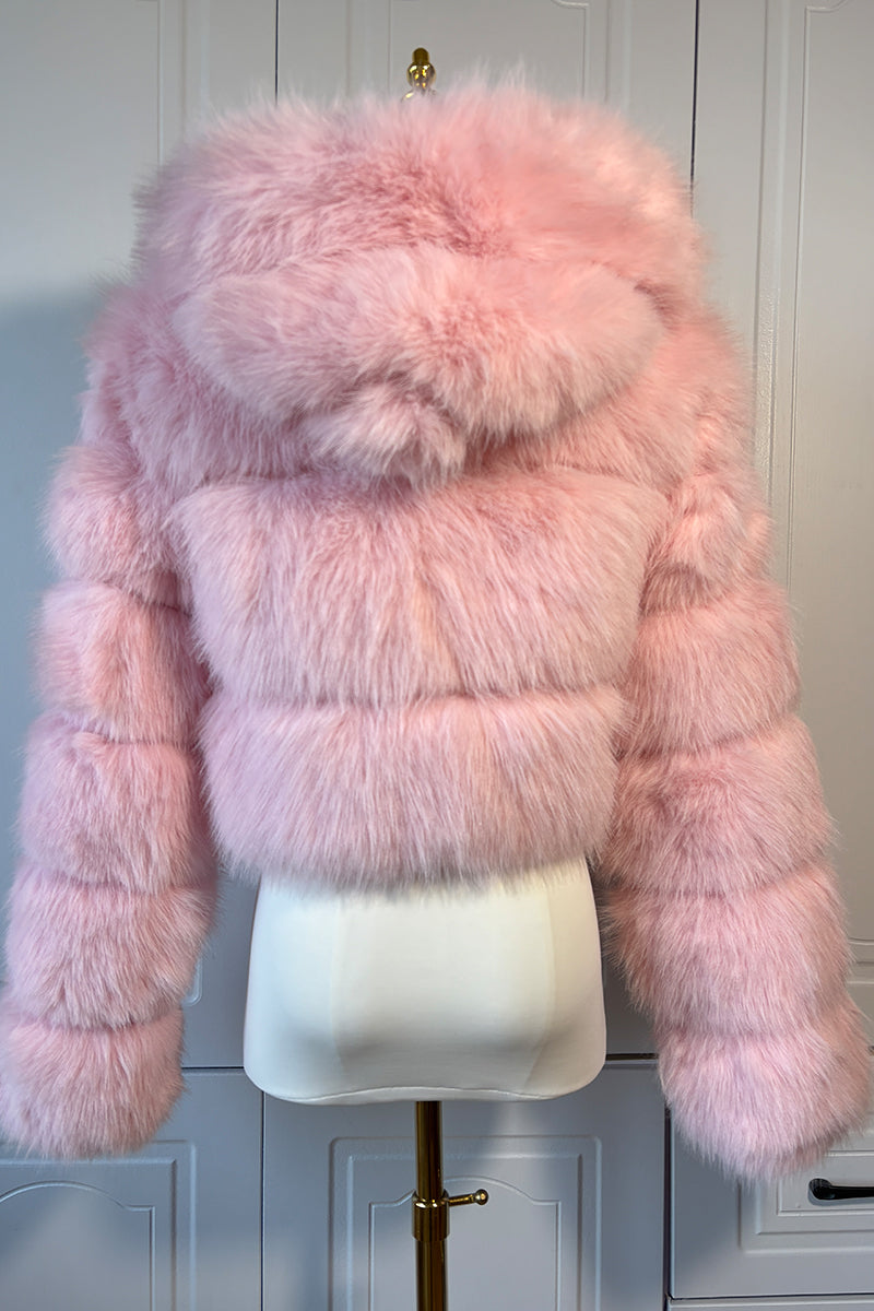 Cropped Faux Fur Jacket with Hood for Women